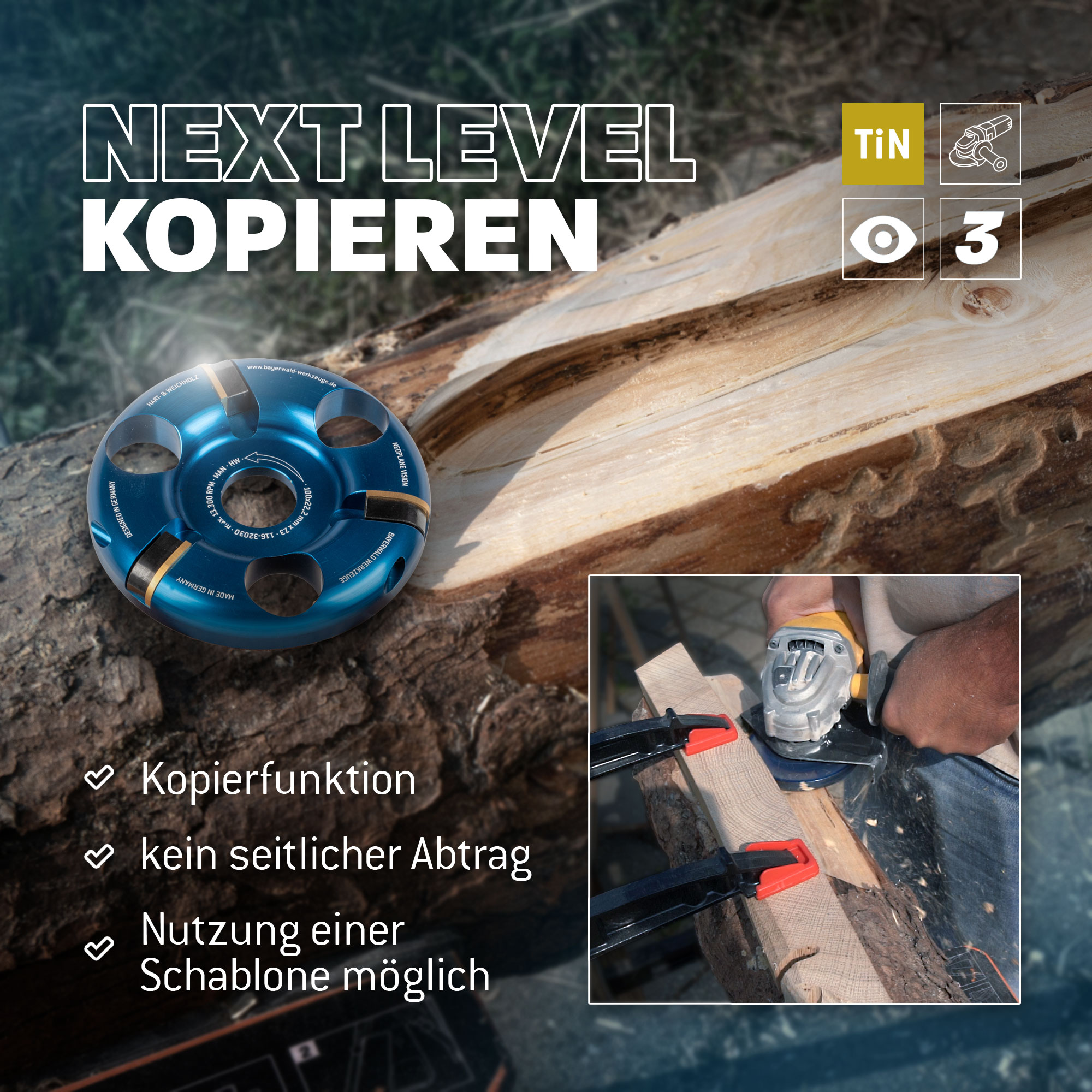 NeoPlane Frässcheibe für Winkelschleifer Ø 100 mm x 22,2 mm mit 3 HM Messern im Koffer