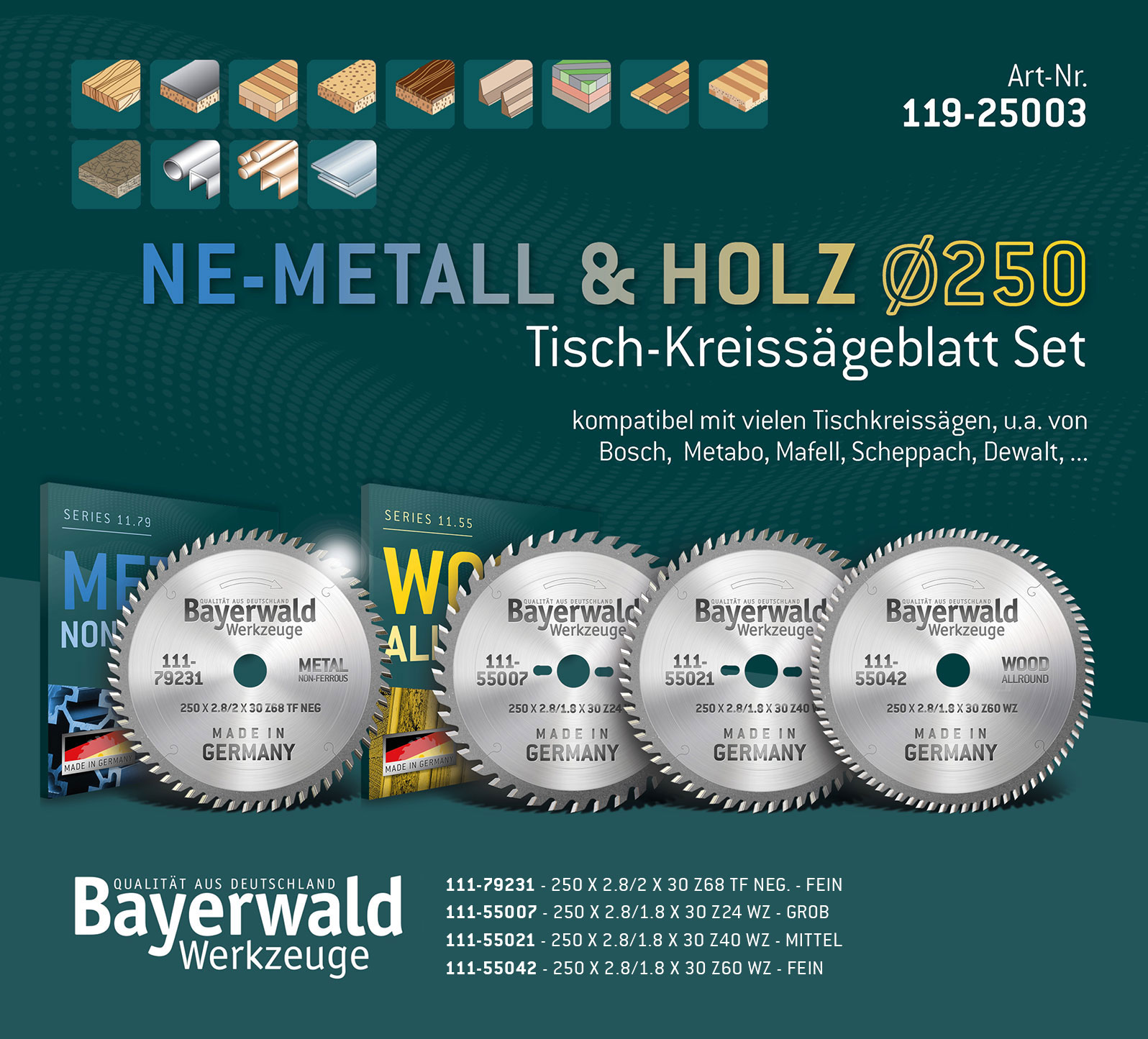 NE-METALL & HOLZ Ø250 Tisch-Kreissägeblatt Set
