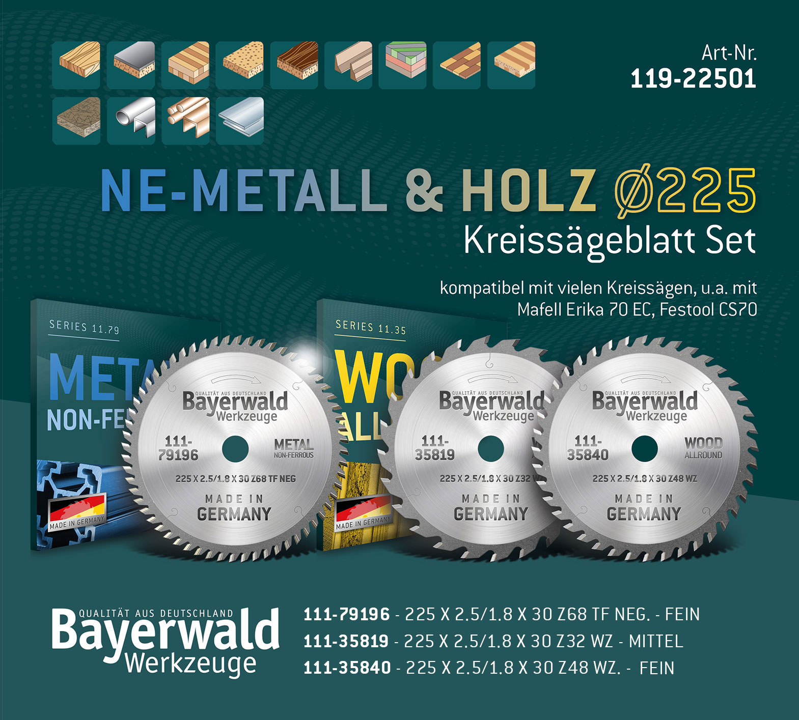 NE-METALL & HOLZ Ø225 Hand-Kreissägeblatt Set
