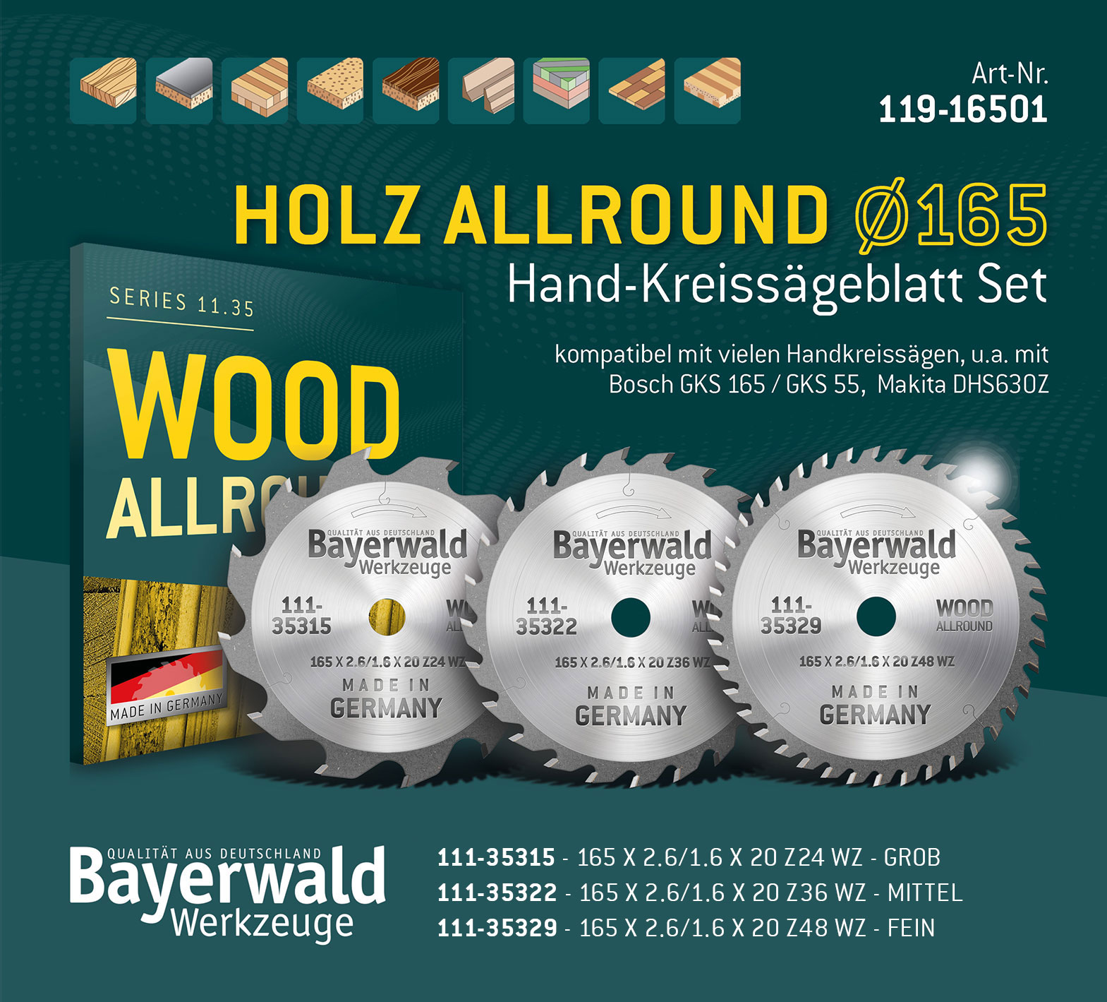 HOLZ ALLROUND Ø165 Hand-Kreissägeblatt Set