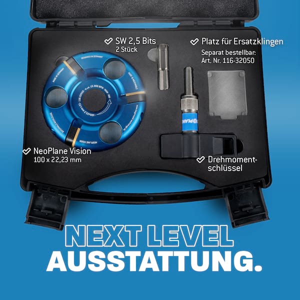 NeoPlane Frässcheibe für Winkelschleifer Ø 100 mm x 22,2 mm mit 3 HM Messern im Koffer