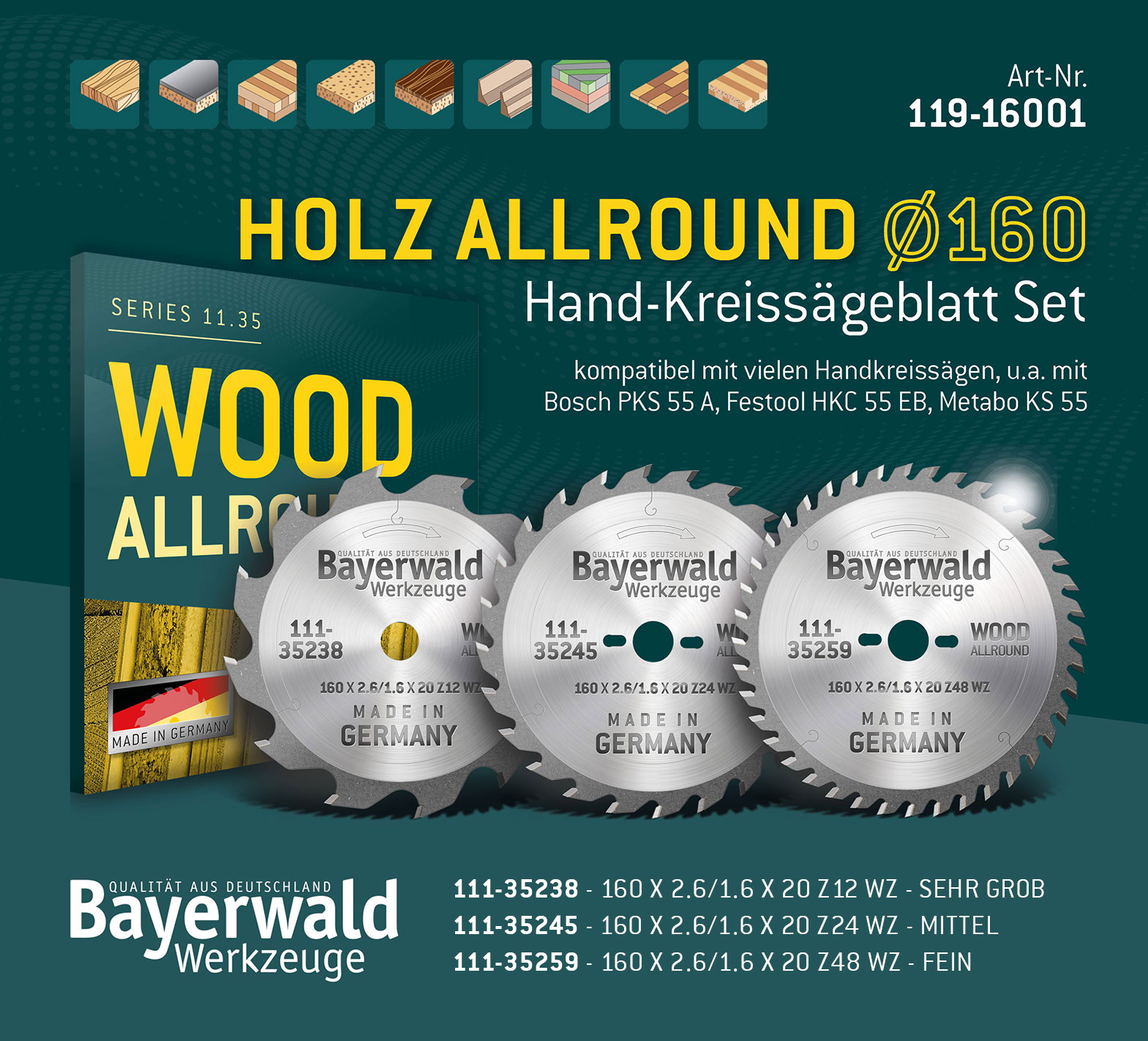 HOLZ ALLROUND Ø160 Hand-Kreissägeblatt Set