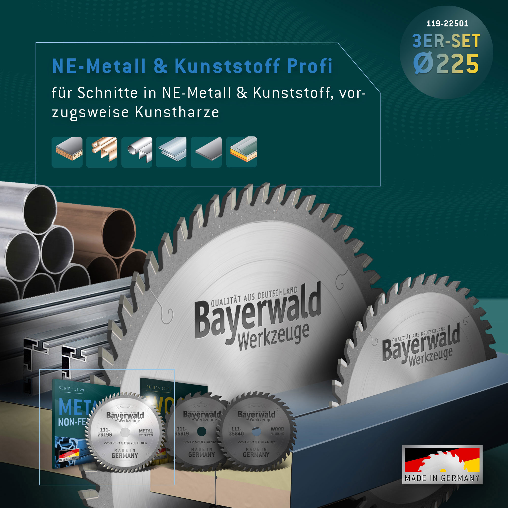 NE-METALL & HOLZ Ø225 Hand-Kreissägeblatt Set