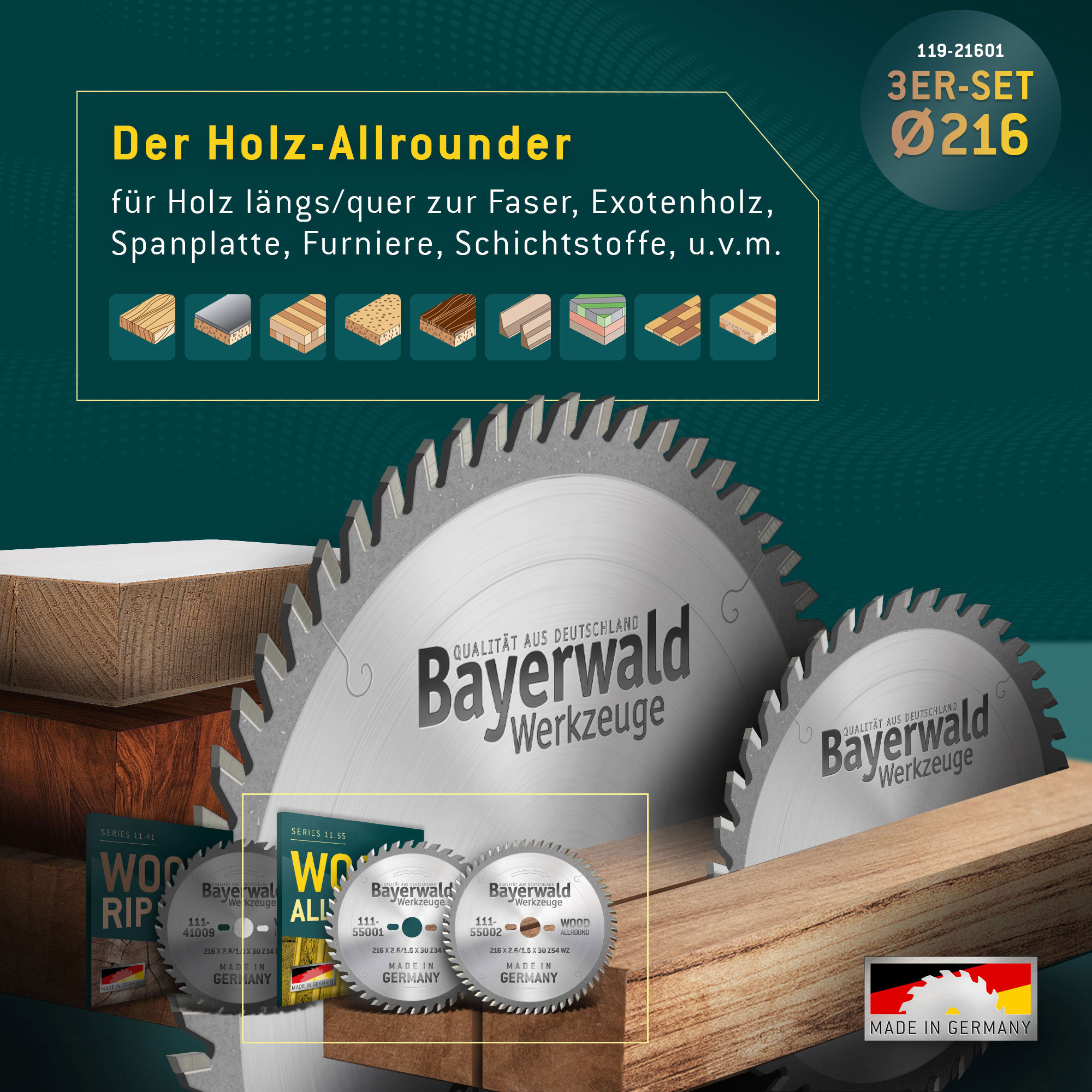 HOLZ ALLROUND Ø216 Tisch-Kreissägeblatt Set