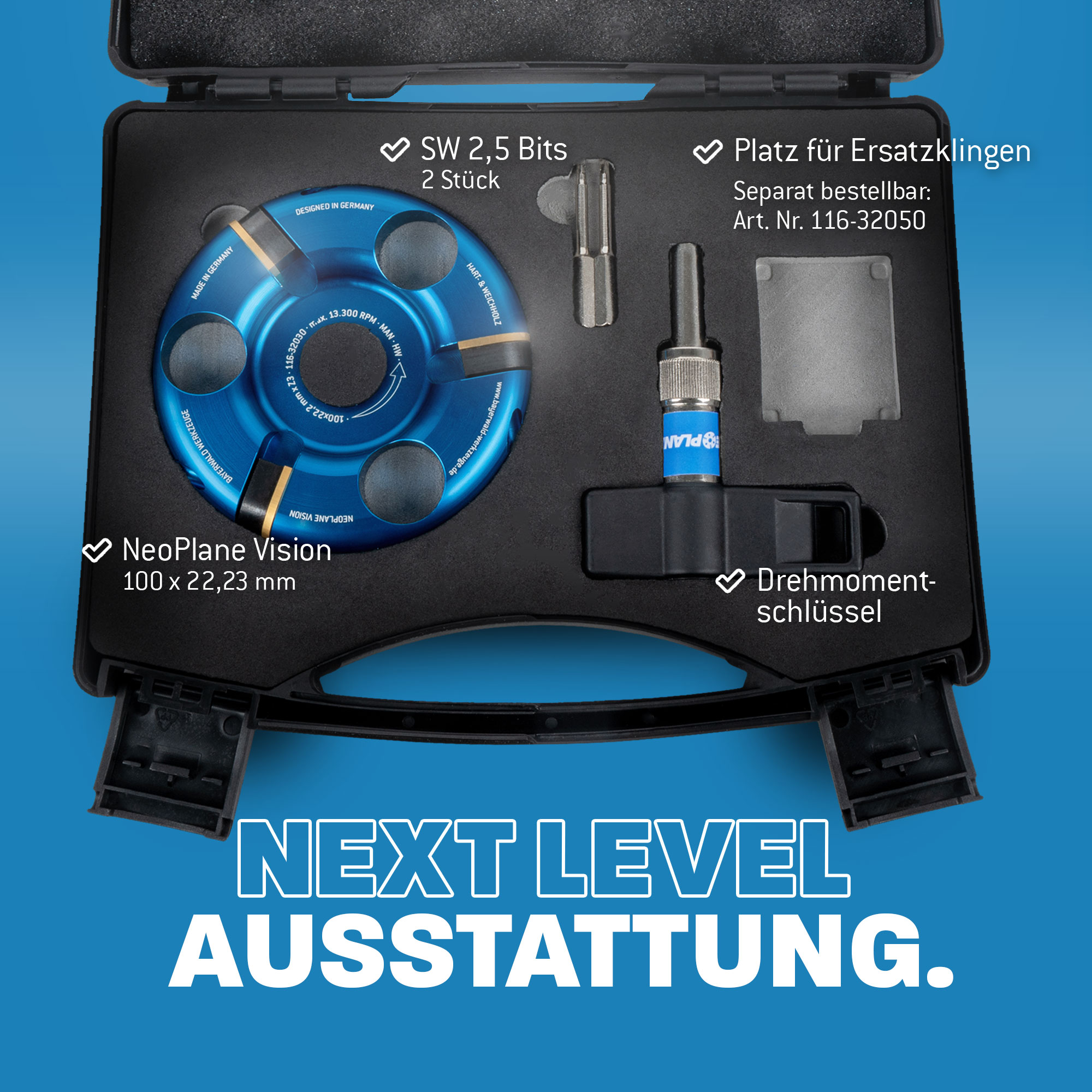 NeoPlane Frässcheibe für Winkelschleifer Ø 100 mm x 22,2 mm mit 3 HM Messern im Koffer