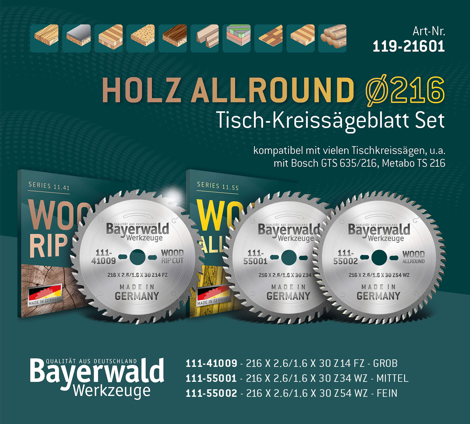 HOLZ ALLROUND Ø216 Tisch-Kreissägeblatt Set