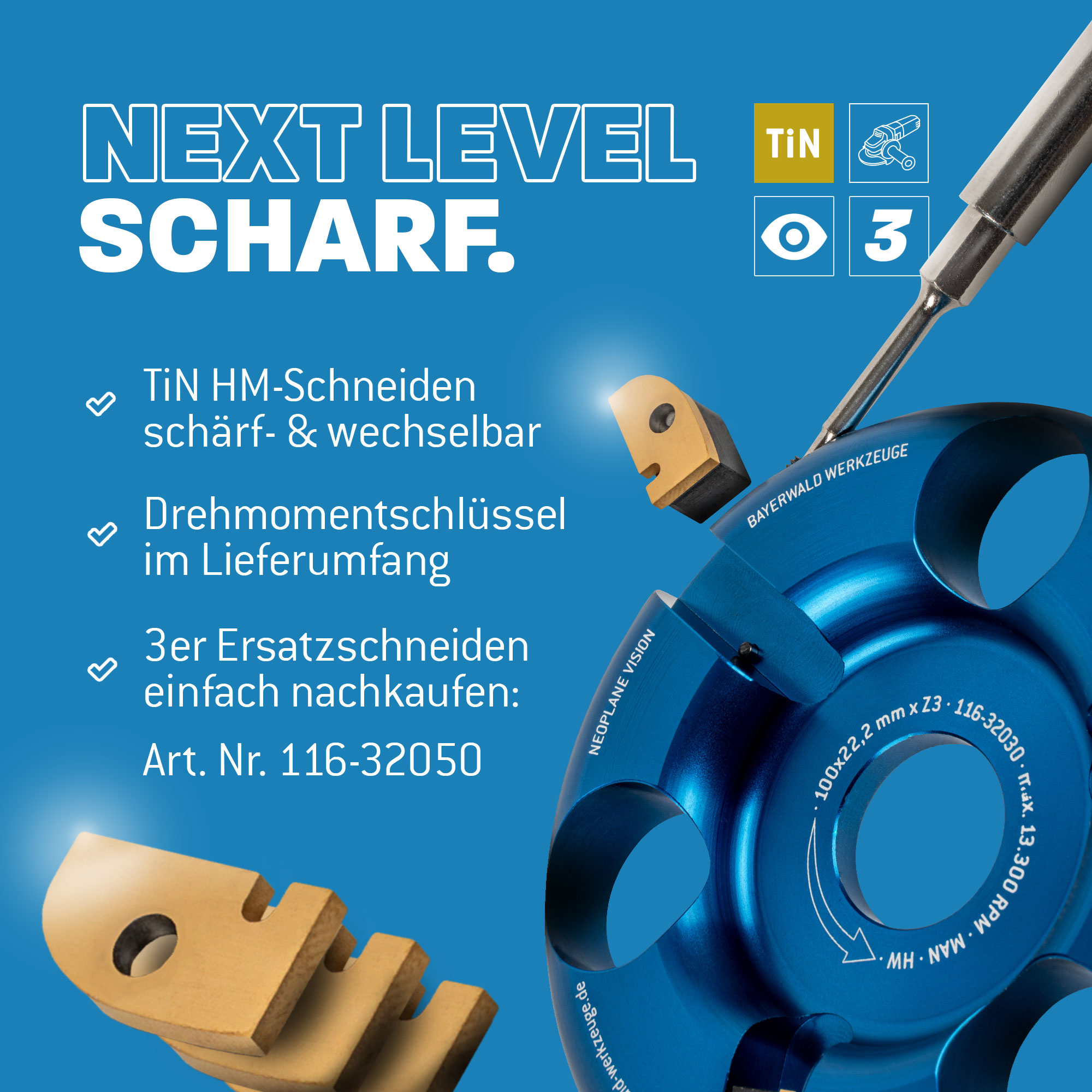 NeoPlane Frässcheibe für Winkelschleifer Ø 100 mm x 22,2 mm mit 3 HM Messern im Koffer