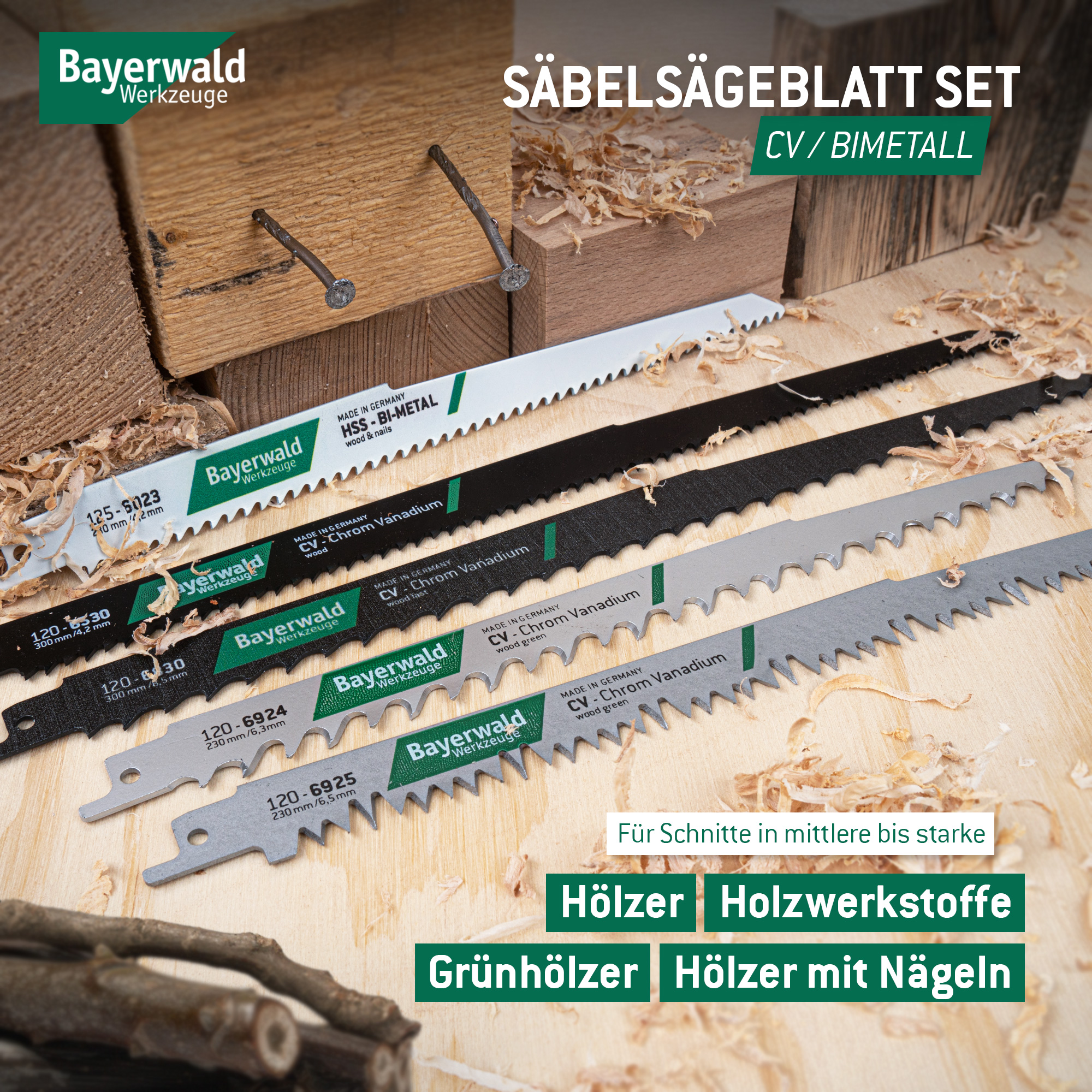 Bayerwald 5tlg. Säbelsägeblatt-Sortiment (Universalschaft) - mittlere bis grobe Schnitte in Holz