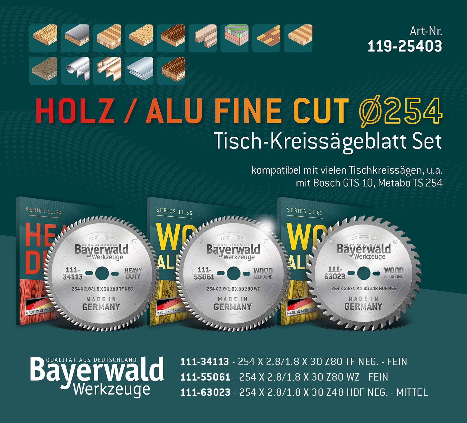 Kreissägeblatt Set 254 kompatibel mit Bosch GTS -PTS 10 - Feinschnitt Spezial