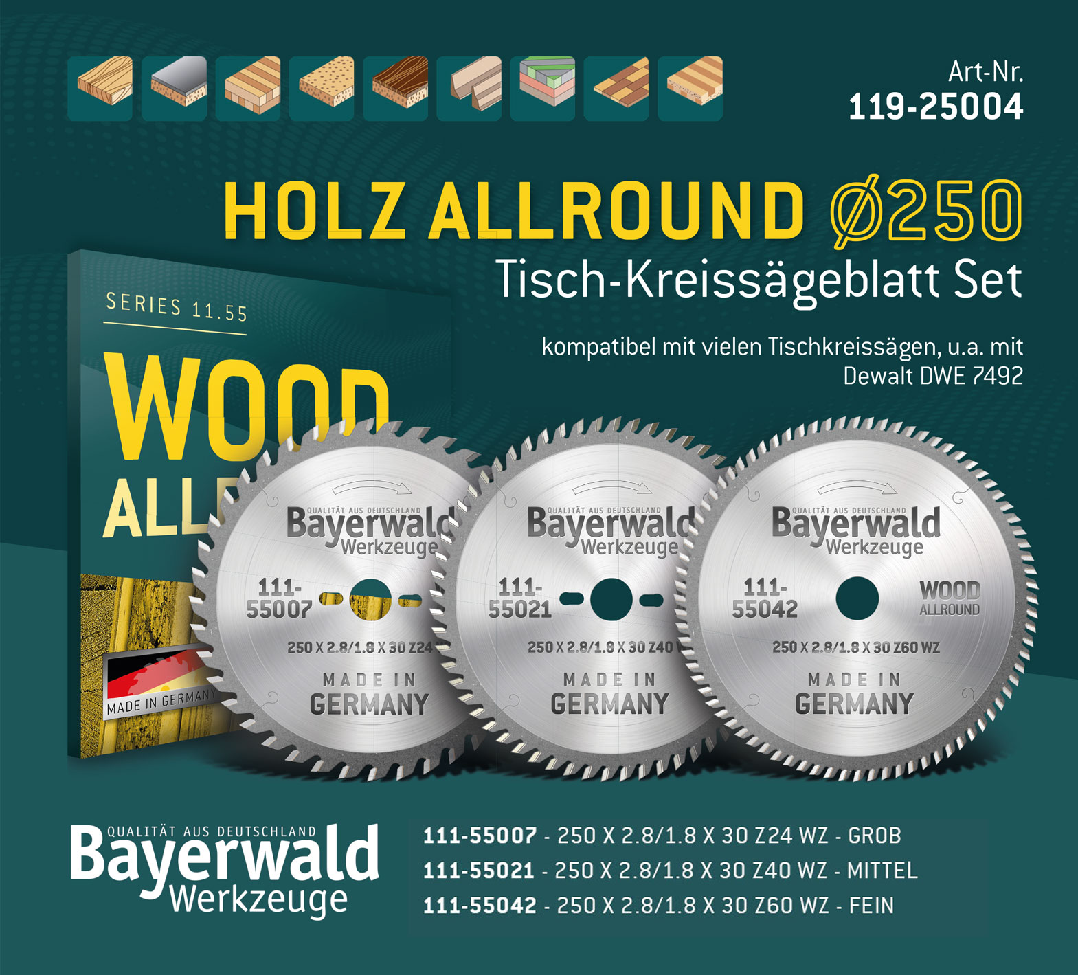 HOLZ ALLROUND Ø250 Tisch-Kreissägeblatt Set
