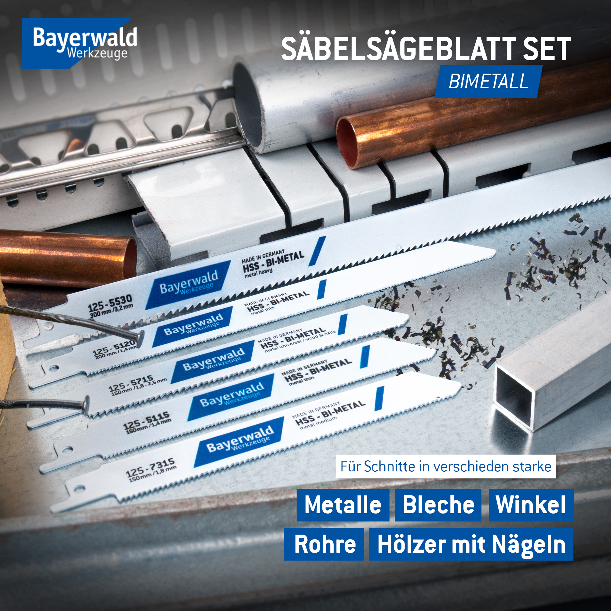 Bayerwald 5tlg. Säbelsägeblatt-Sortiment (Universalschaft) - Sägen von Blechen, Winkeln, Rohren (Metallbearbeitung)