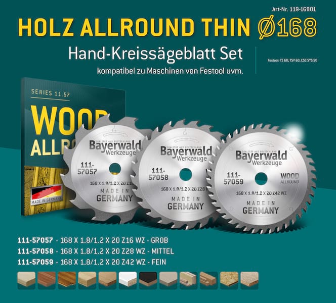 HOLZ ALLROUND  Ø168 Akku-Handkreissägeblatt Set geeignet u.a. für Festool