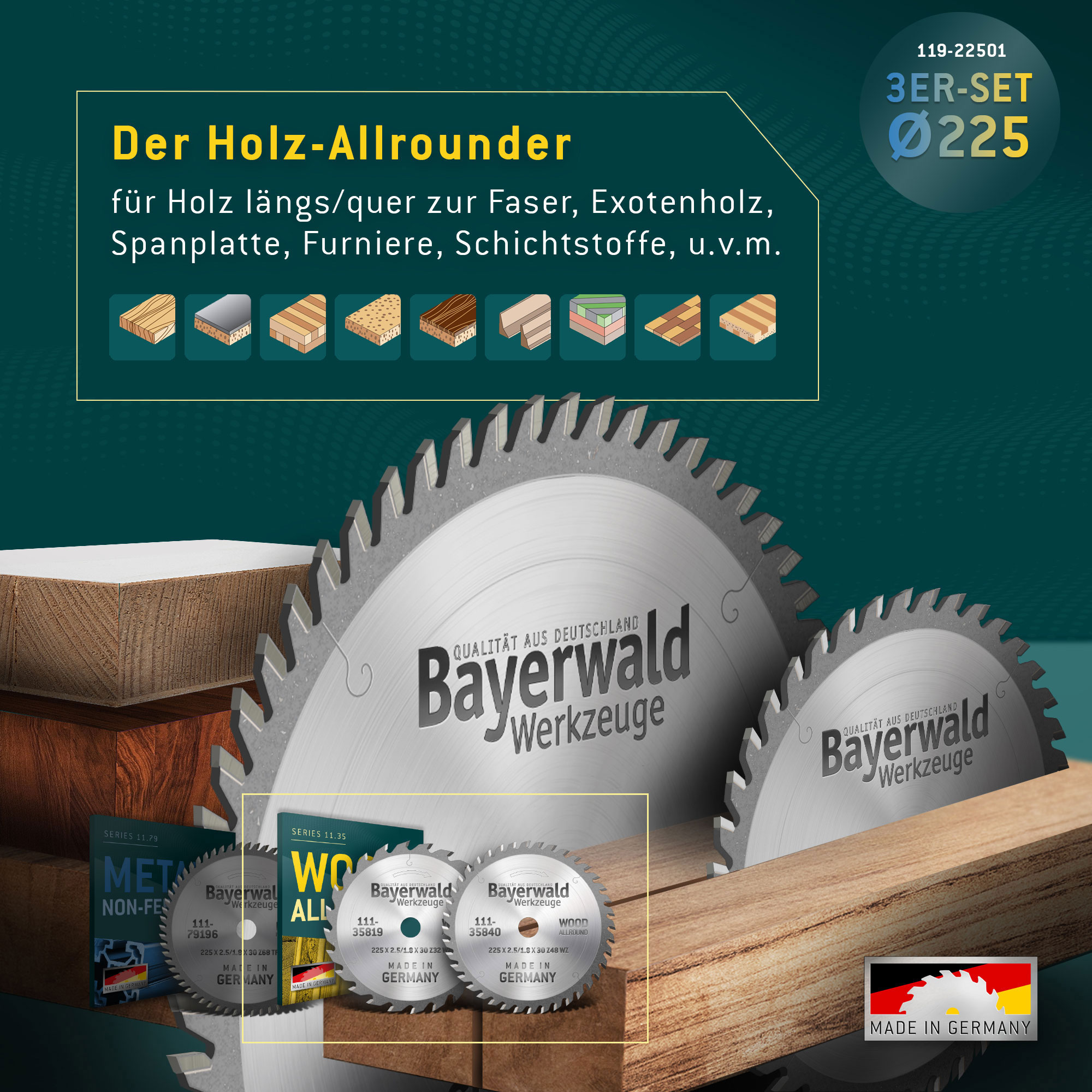 NE-METALL & HOLZ Ø225 Hand-Kreissägeblatt Set