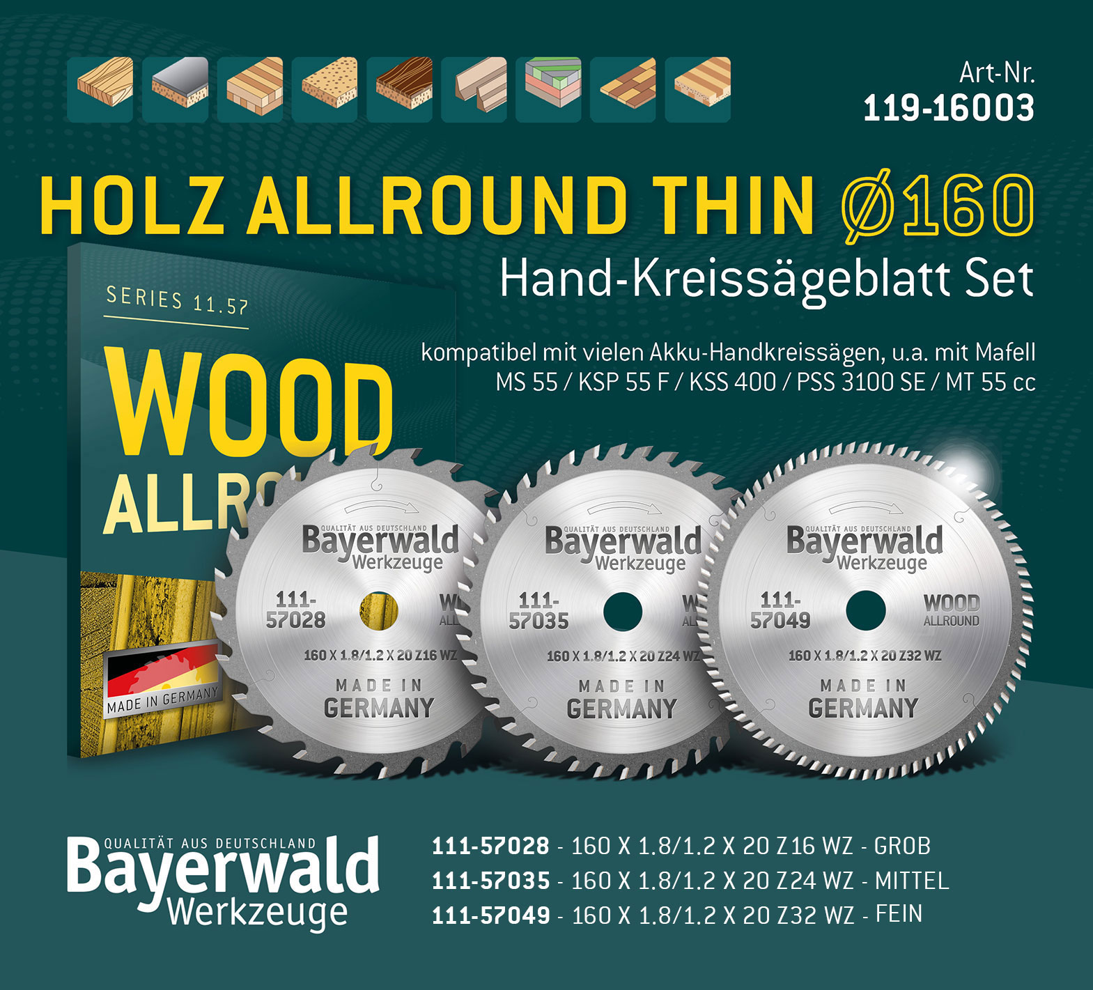 HOLZ ALLROUND THIN Ø160 Akku Hand-Kreissägeblatt Set